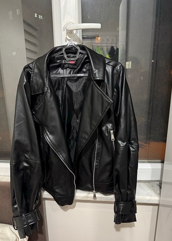 Kemerli Siyah Biker Deri Ceket - Görsel 2