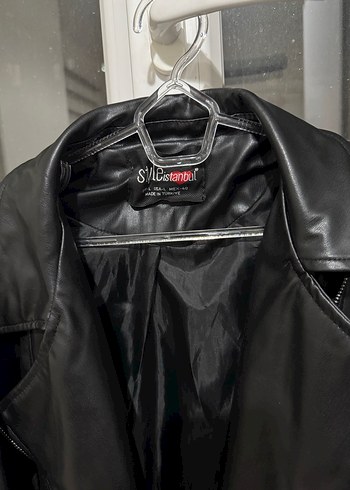 Kemerli Siyah Biker Deri Ceket - Görsel 3