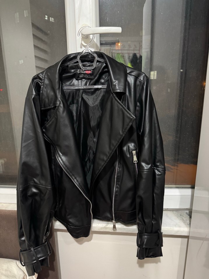 Kemerli Siyah Biker Deri Ceket - Görsel 2