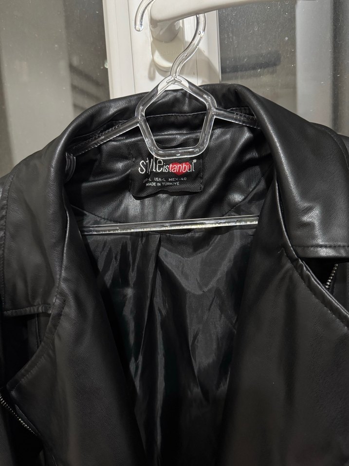 Kemerli Siyah Biker Deri Ceket - Görsel 3