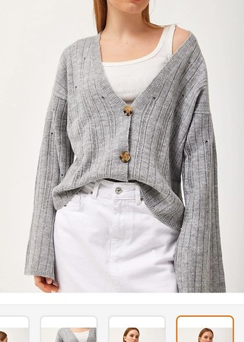 Gri Kruvaze Yaka Düğmeli Triko Hırka - Görsel 5