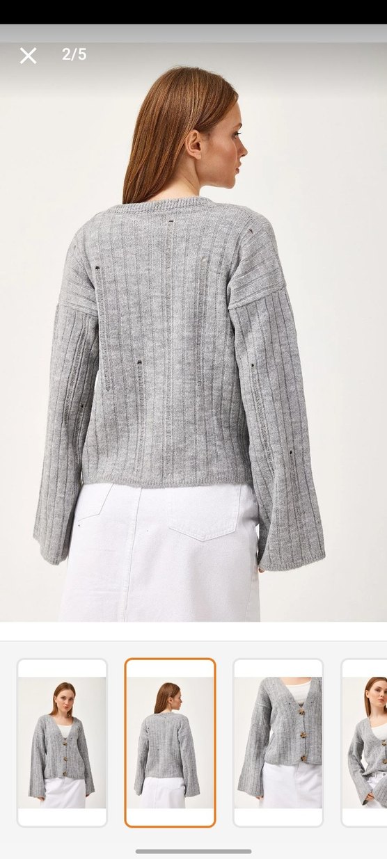 Gri Kruvaze Yaka Düğmeli Triko Hırka - Görsel 2