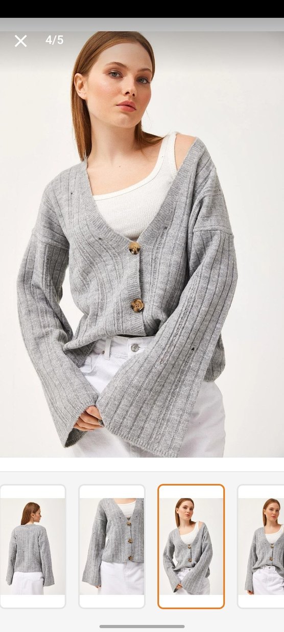 Gri Kruvaze Yaka Düğmeli Triko Hırka - Görsel 4