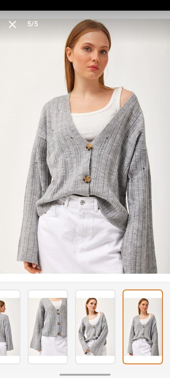 Gri Kruvaze Yaka Düğmeli Triko Hırka - Görsel 5