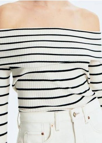 Beyaz Çizgili Kayık Yaka Kadın Kazak - Görsel 2