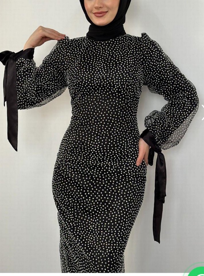 Uzun Kollu Puantiyeli Siyah Uzun Elbise - Görsel 4