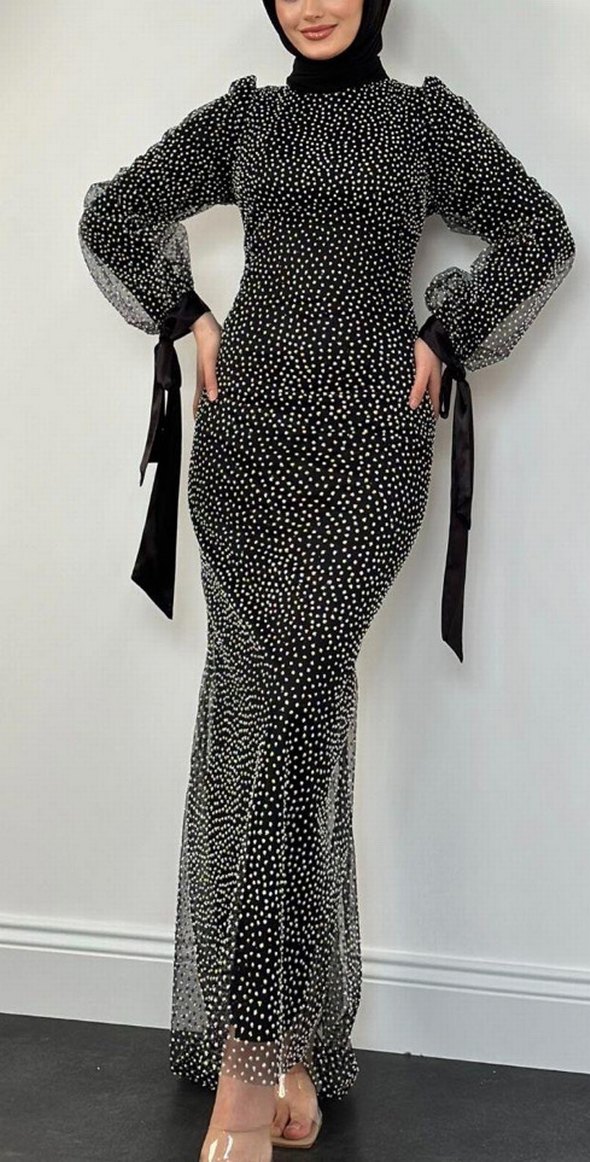 Uzun Kollu Puantiyeli Siyah Uzun Elbise - Görsel 2