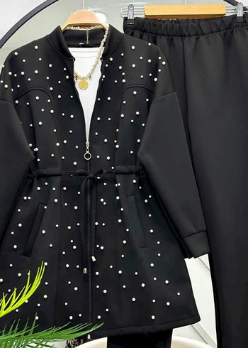 Boncuk Detaylı Haki Kadın Uzun Ceket Takımı - Görsel 2