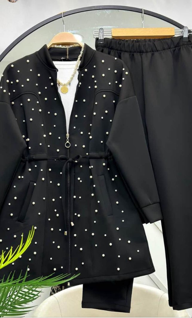 Boncuk Detaylı Haki Kadın Uzun Ceket Takımı - Görsel 2