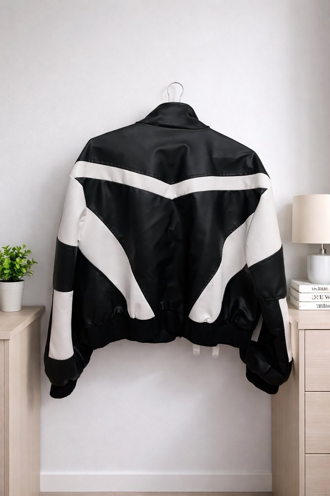 Siyah-Beyaz motorcu Deri Ceket - Görsel 2