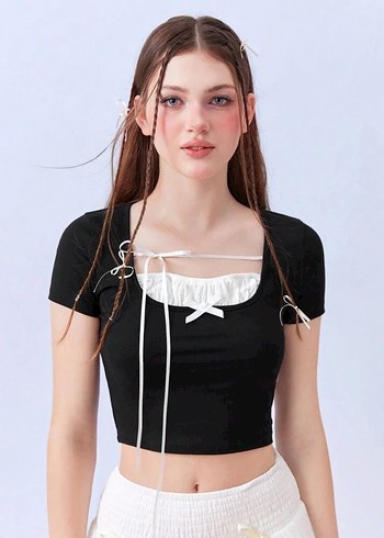 Kadın Siyah Mini Goth Crop Top - Görsel 2