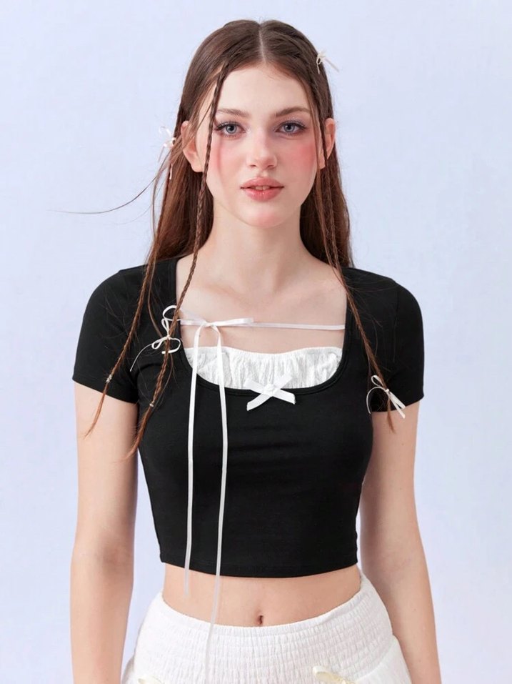 Kadın Siyah Mini Goth Crop Top - Görsel 2