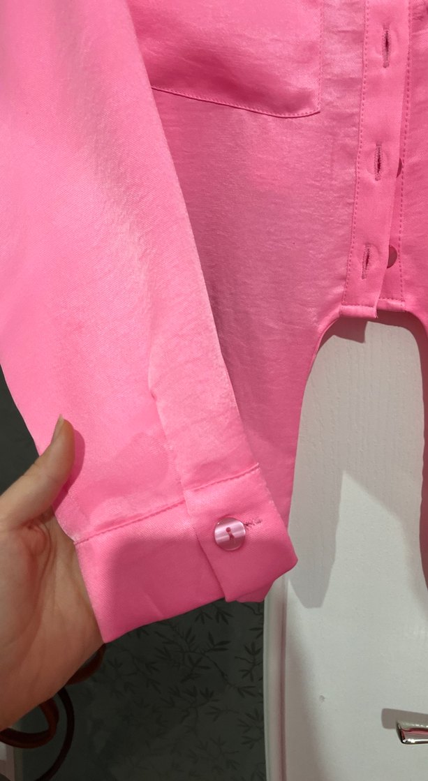 Düğmeli Pembe Uzun Kollu Kadın Gömlek - Görsel 3