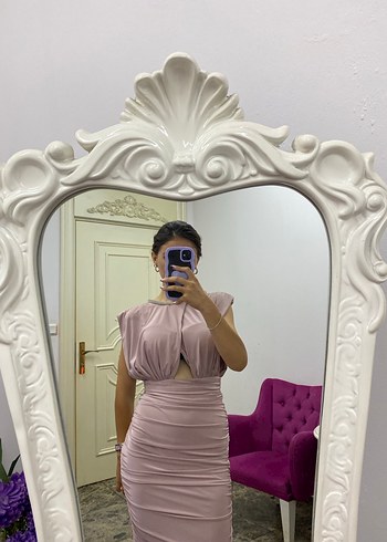 Pudra Transparan Detaylı Midi Abiye Elbise - Görsel 2