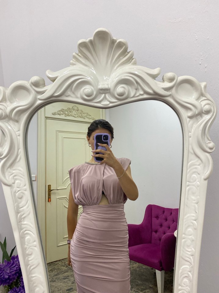 Pudra Transparan Detaylı Midi Abiye Elbise - Görsel 2