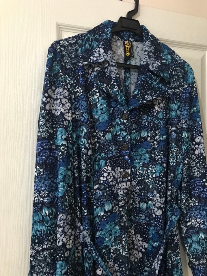 Uzun, Bol Kesim Mavi Batik Desenli Kadın Elbise - Görsel 2