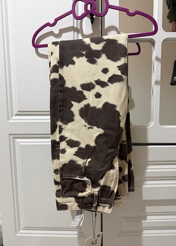 Kadın Kahverengi Inek Desenli Bol Kesim Kot Pantolon - Görsel 3