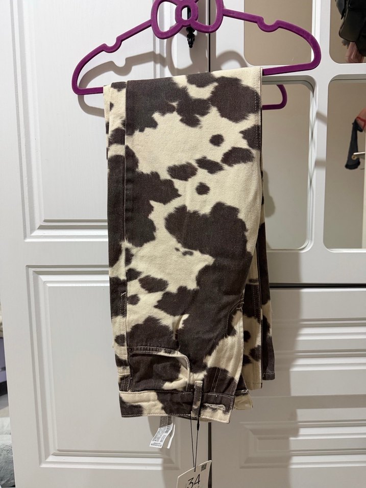 Kadın Kahverengi Inek Desenli Bol Kesim Kot Pantolon - Görsel 3