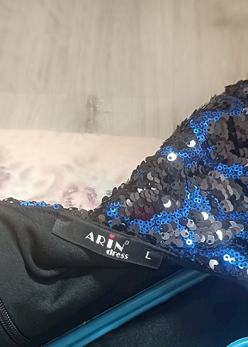 Boncuk İşlemeli Mavi Siyah Uzun Abiye Elbise - Görsel 4