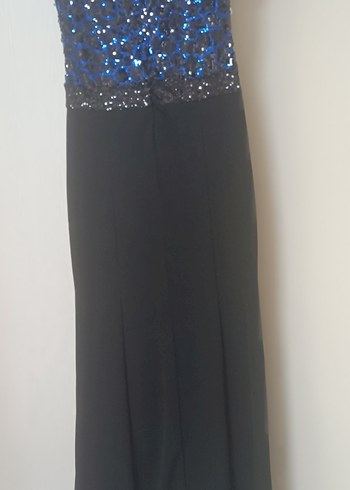 Boncuk İşlemeli Mavi Siyah Uzun Abiye Elbise - Görsel 3