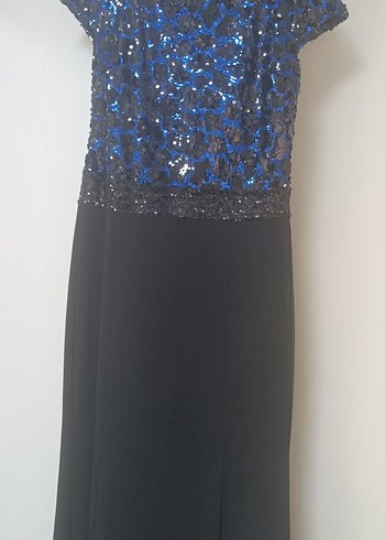 Boncuk İşlemeli Mavi Siyah Uzun Abiye Elbise - Görsel 2