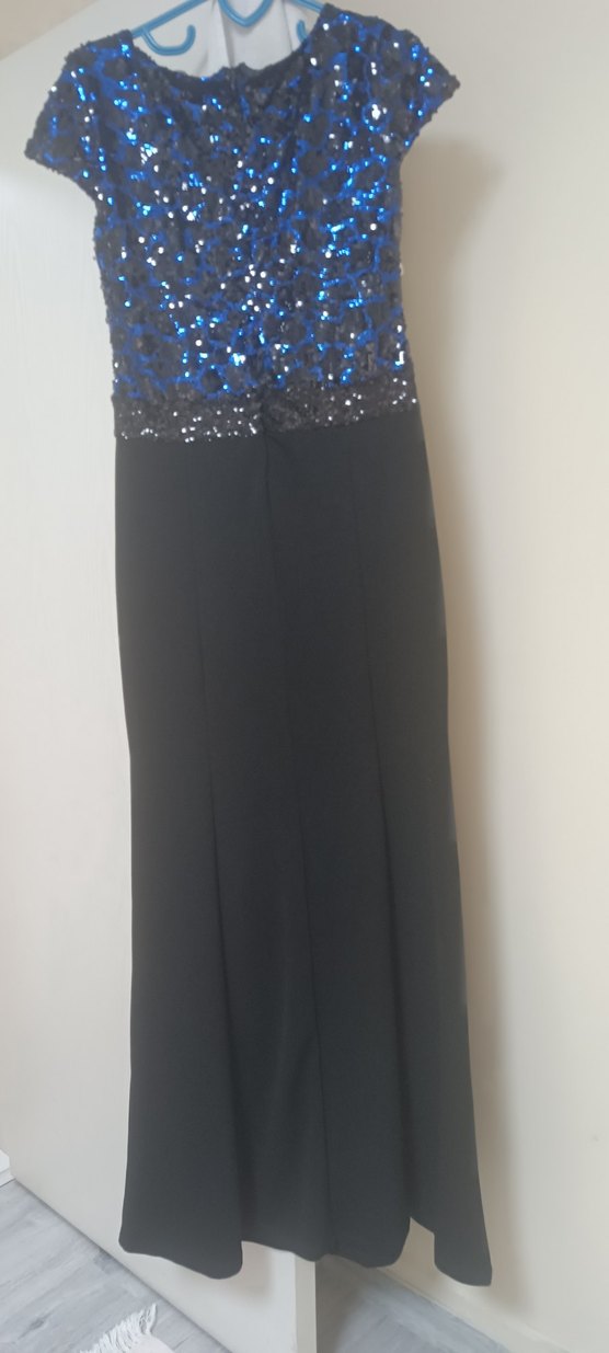 Boncuk İşlemeli Mavi Siyah Uzun Abiye Elbise - Görsel 3