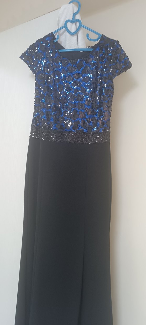 Boncuk İşlemeli Mavi Siyah Uzun Abiye Elbise - Görsel 2