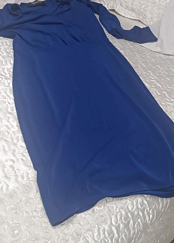 Uzun Kollu Mavi Drapeli Kadın Elbise - Görsel 6