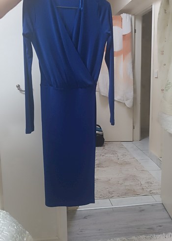 Uzun Kollu Mavi Drapeli Kadın Elbise - Görsel 3
