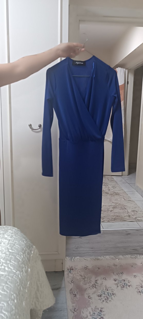 Uzun Kollu Mavi Drapeli Kadın Elbise - Görsel 2