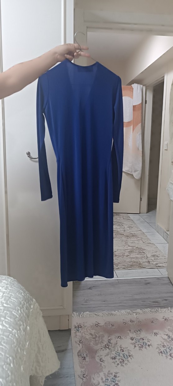 Uzun Kollu Mavi Drapeli Kadın Elbise - Görsel 5