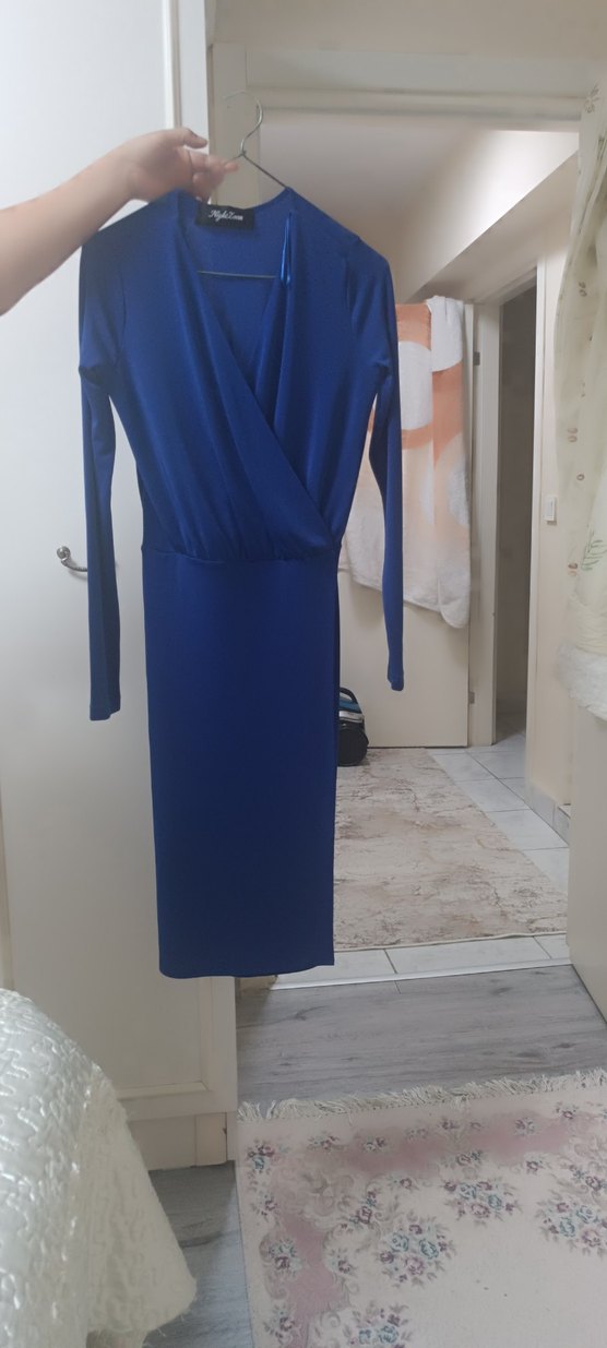 Uzun Kollu Mavi Drapeli Kadın Elbise - Görsel 3