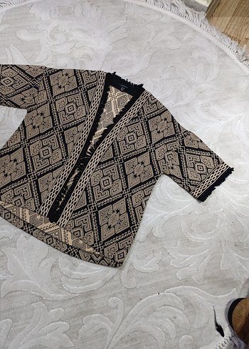 Bohem Nakışlı Kısa Kollu Kahverengi Kimono