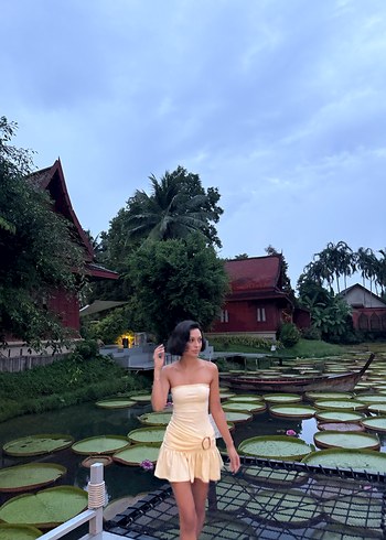 Sarı Straplez Bohem Mini Elbise - Görsel 2