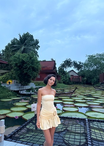 Sarı Straplez Bohem Mini Elbise - Görsel 5