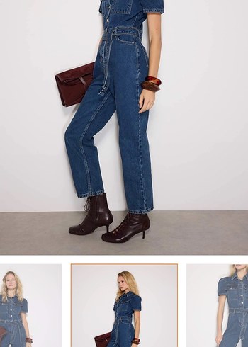 Kahverengi Denim Kadın Tulum, Kemerli, Midi Boy - Görsel 5