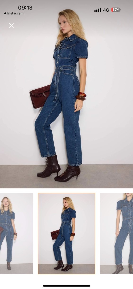 Kahverengi Denim Kadın Tulum, Kemerli, Midi Boy - Görsel 5