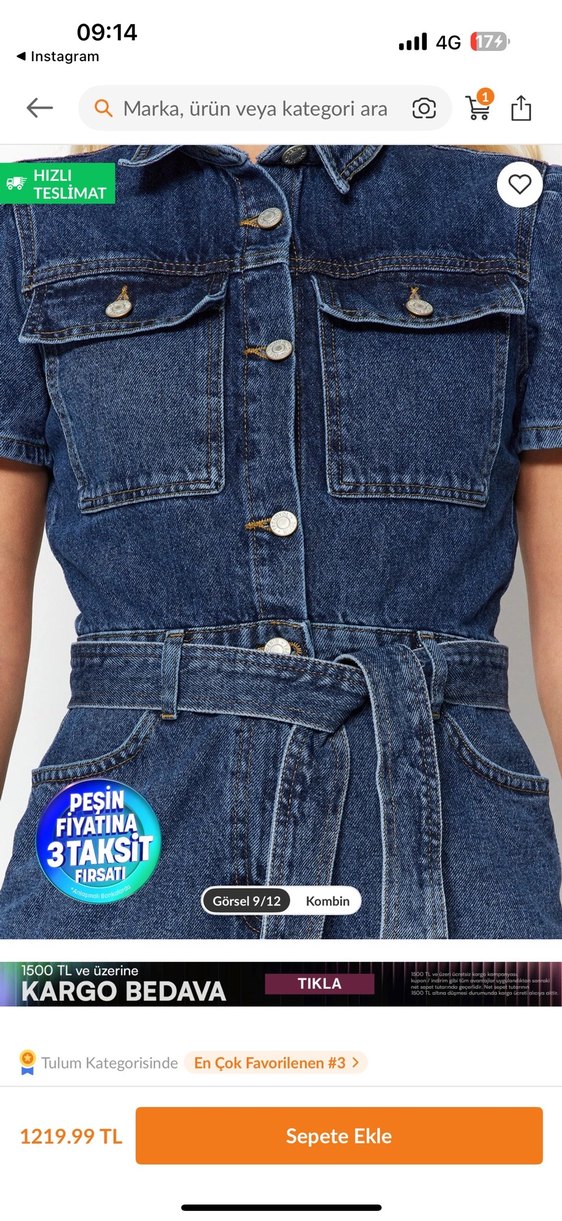 Kahverengi Denim Kadın Tulum, Kemerli, Midi Boy - Görsel 4