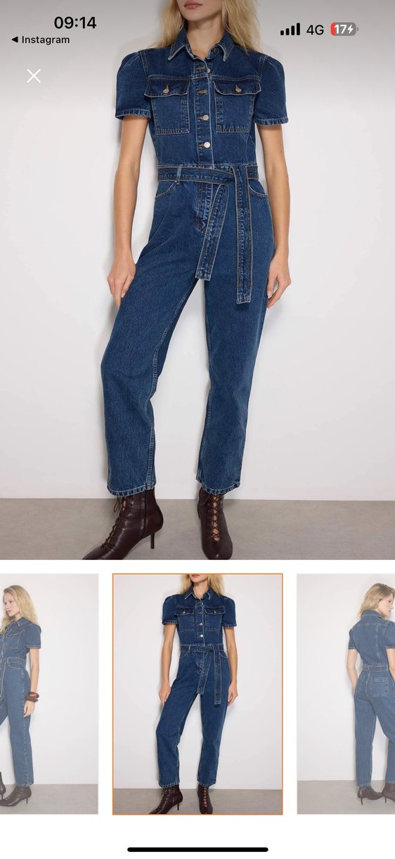 Kahverengi Denim Kadın Tulum, Kemerli, Midi Boy - Görsel 2