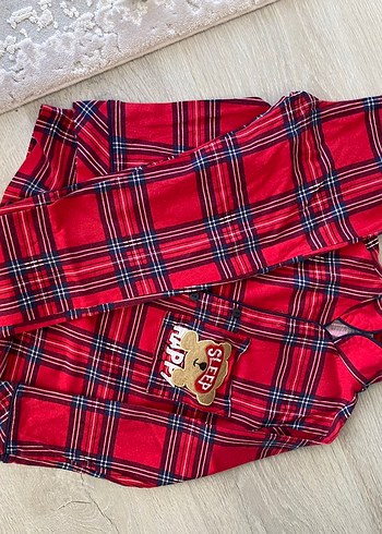 Düğmeli Kırmızı Ekose kız çocuk Pijama Takımı