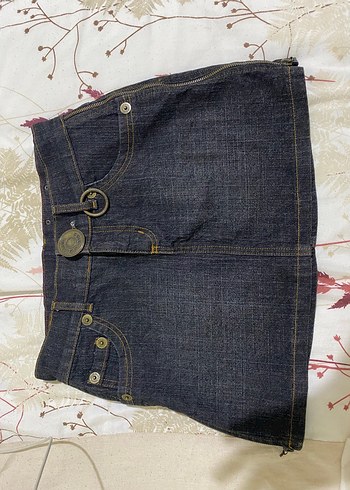 Düğmeli Koyu Kahverengi Denim Mini Etek
