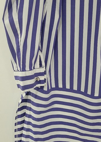 Düğmeli lacivert Çizgili Uzun Kollu Kadın Gömlek tunik - Görsel 5