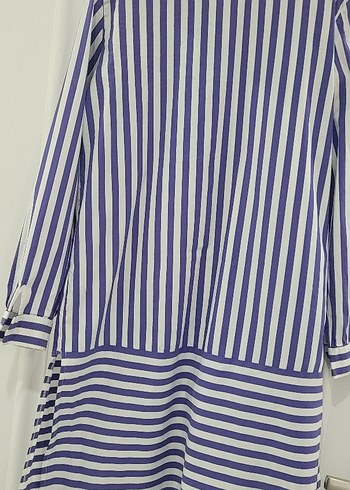 Düğmeli lacivert Çizgili Uzun Kollu Kadın Gömlek tunik - Görsel 2