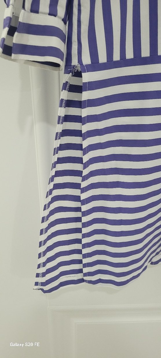 Düğmeli lacivert Çizgili Uzun Kollu Kadın Gömlek tunik - Görsel 4