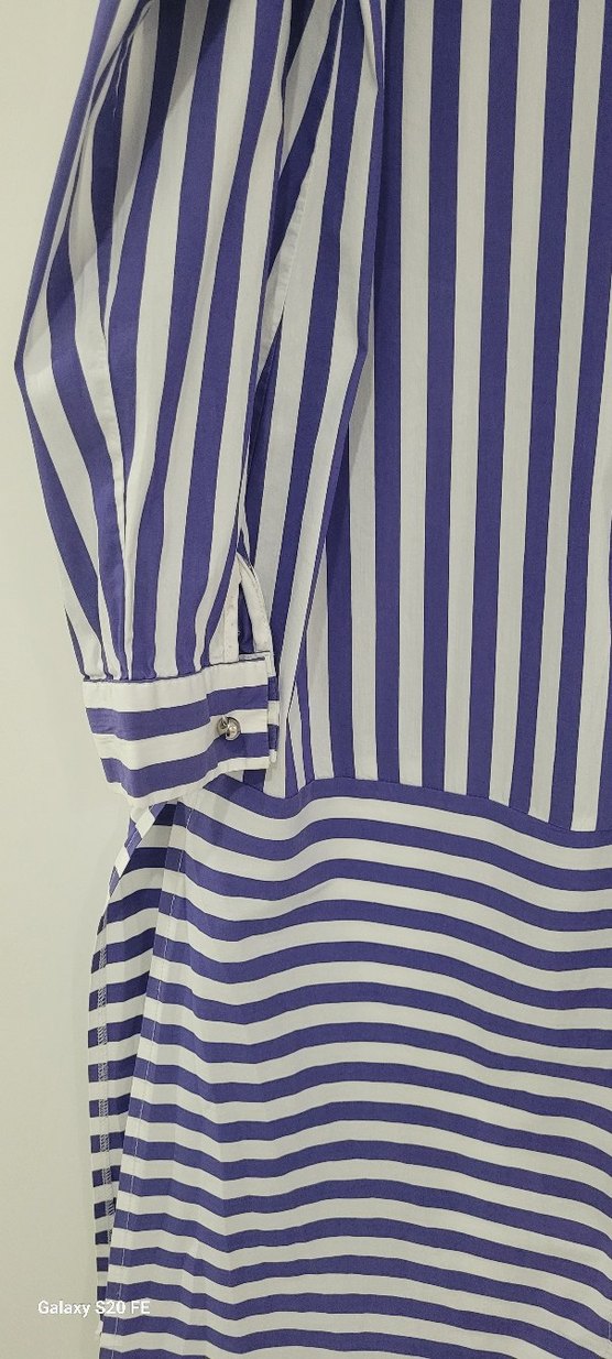 Düğmeli lacivert Çizgili Uzun Kollu Kadın Gömlek tunik - Görsel 5