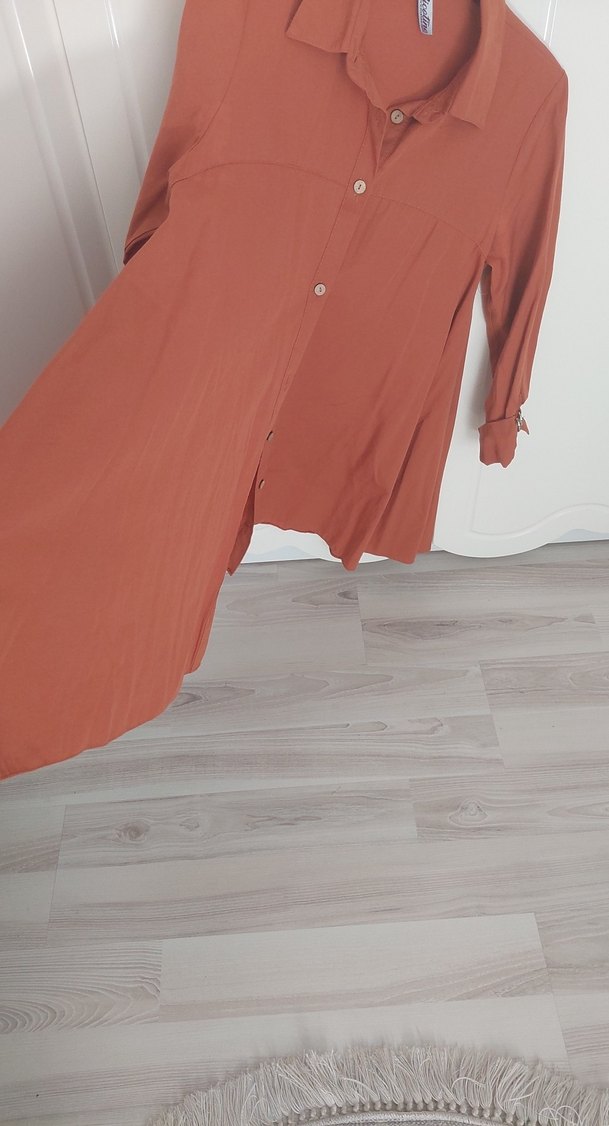 Düğmeli, Uzun Kollu, Salaş Bej Kadın Gömlek - Görsel 4