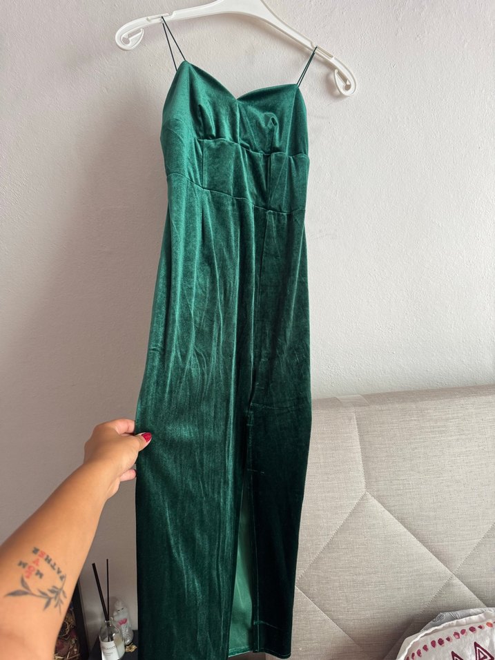 Yeşil Parlak V Yakalı Midi Kadın Elbise - Görsel 2