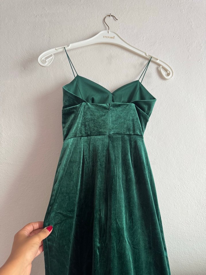 Yeşil Parlak V Yakalı Midi Kadın Elbise - Görsel 3