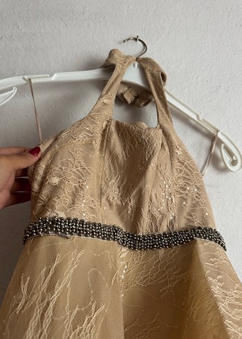 Bej Drapeli Uzun halter yaka Nişan Elbisesi - Görsel 4