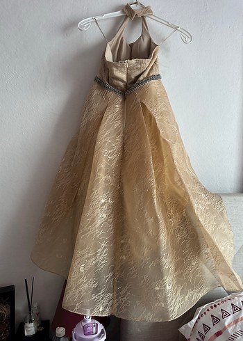 Bej Drapeli Uzun halter yaka Nişan Elbisesi - Görsel 2